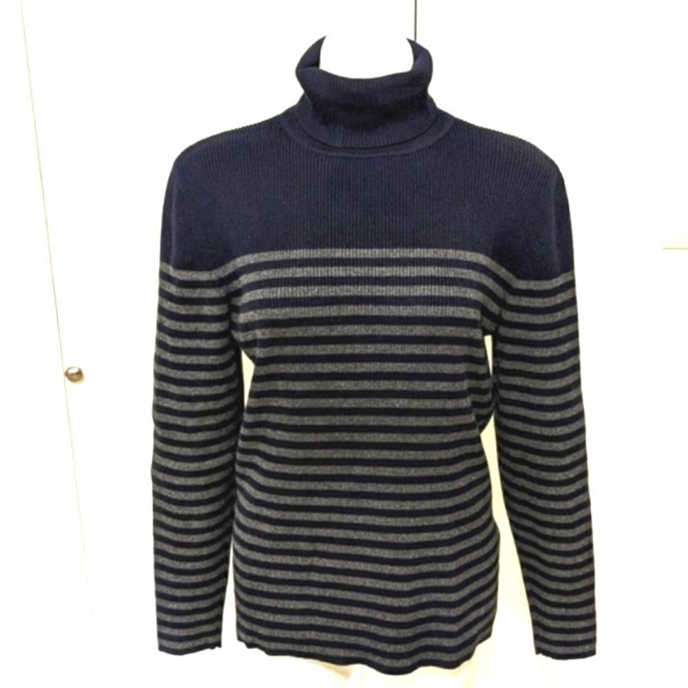 Liz Claiborne Cotton Blend Navy/Grey Stripe Turtleneck Long Sleeve Sweat…